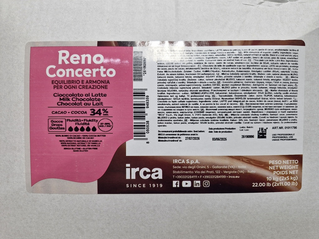 CHOCOLATE MILK BUTTONS RENO LATTE 34% IRCA 10kg