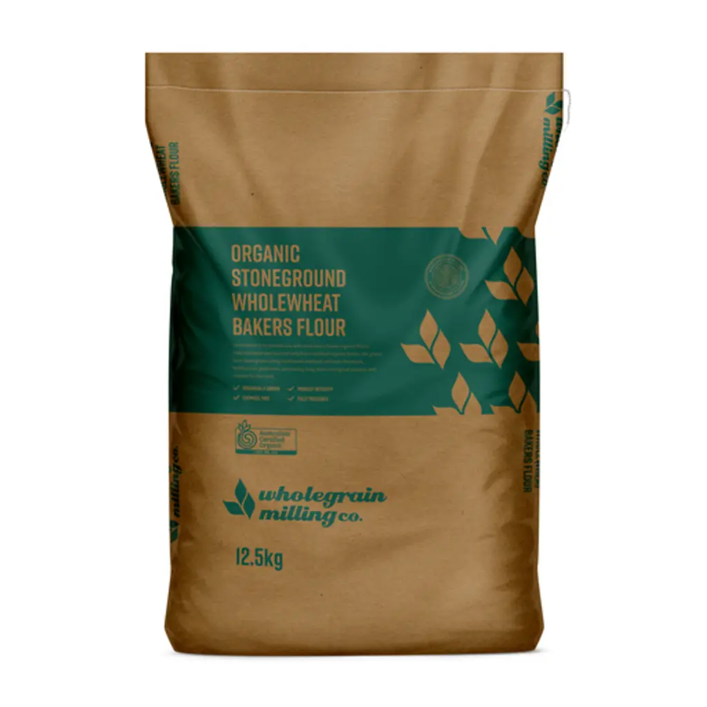 FLOUR BAKERS WHOLEWHEAT STONEGROUND ORGANIC WHOLEGRAIN MILLING 12.5KG GREEN/BROWN BAG